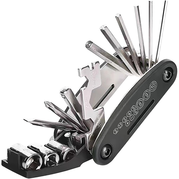 Set chei hexagonale 16-in-1 din otel inoxidabil, negru si argintiu, dimensiuni 3.5x1.6x1 inch