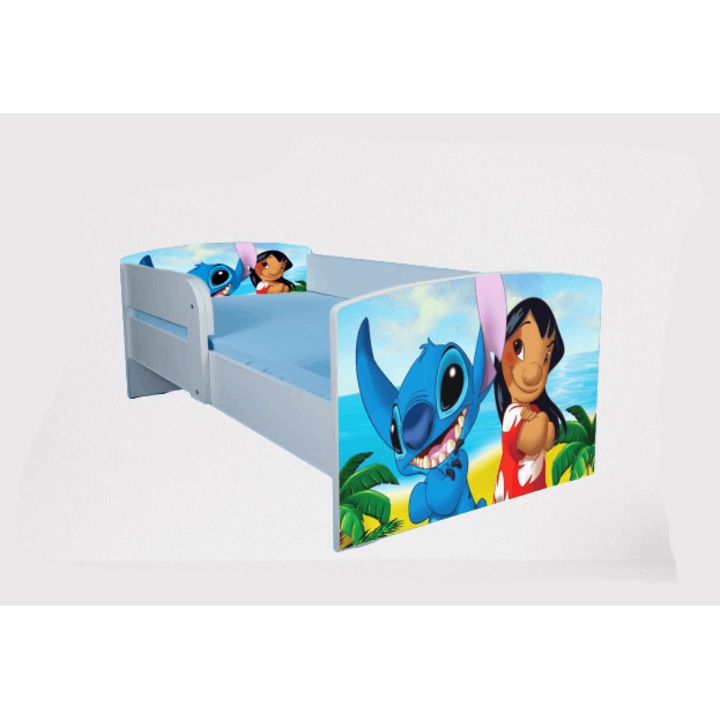 Pat copii Lilo & Stitch, alb, 130x60cm, cu saltea Safe Nest 6cm, cu protecție