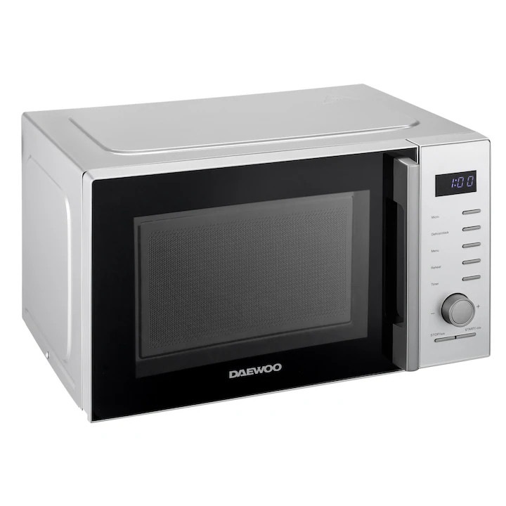 Cuptor cu microunde Daewoo 25 L, 850 W, control digital, 5 niveluri putere, 8 programe presetate, display LED alb, farfurie 28, 5 cm, Silver