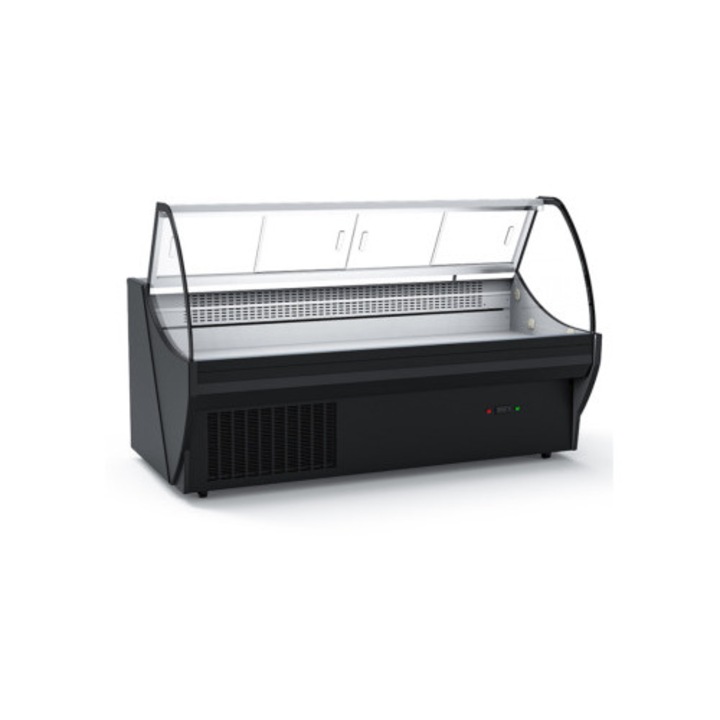 Vitrina Frigorifica Orizontala Profesionala MOD 200RX, Lungime 200 cm, pentru Mezeluri si Lactate, Geam Curbat, Sistem de Racire Ventilat, Neagra