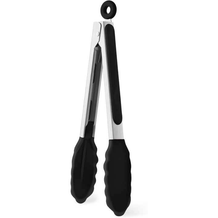 Cleste de bucatarie din otel inoxidabil, rezistent la caldura, cu varfuri din silicon, negru, set multifunctional