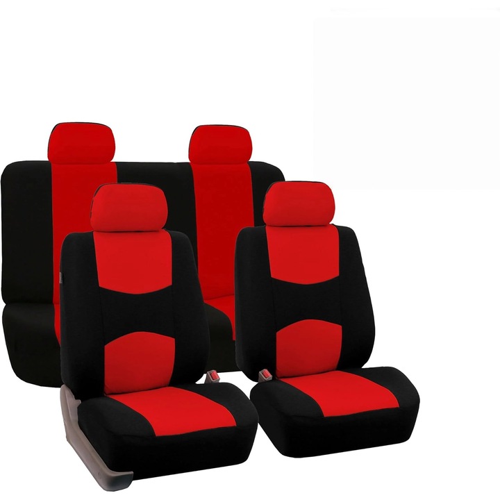 Set huse auto, rosu si negru, pentru scaune fata si spate, materiale de calitate, lavabile, potrivite pentru majoritatea vehiculelor
