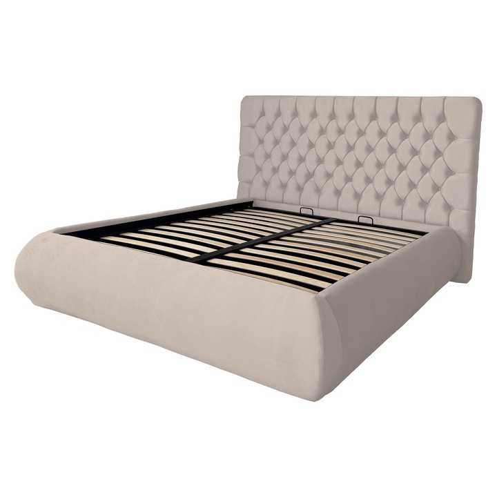 Pat tapitat, cu spatiu de depozitare si somiera rabatabila, Vivo, crem deschis, R02, 140x200 cm