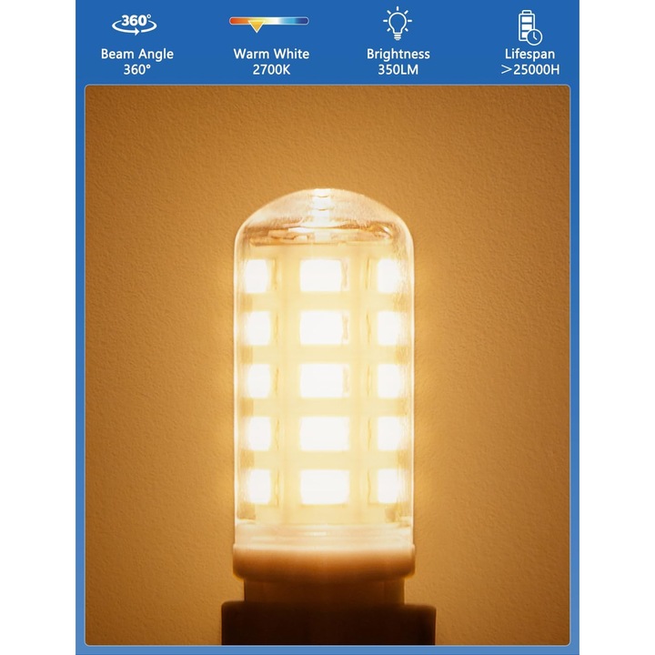 Becuri G9 LED, alb cald, 3W, 350 lumeni, 2700K, set de 6 bucati, baza ceramica cu doua pini