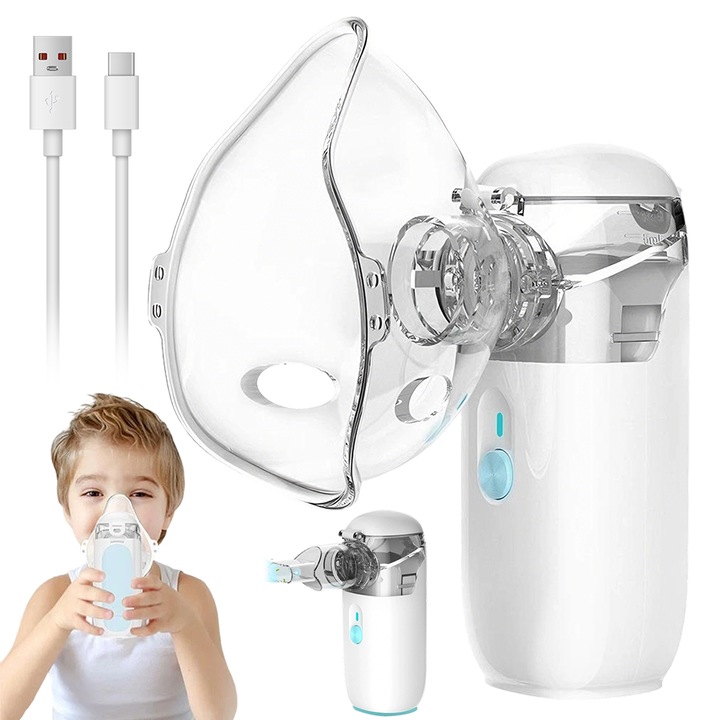 Juksun Aparat Aerosoli, Nebulizator electric portabil, 3 setari volum ceata, baterie 300mAh, 2 masti (adult si copil), functionare silentioasa, Pentru terapie respiratorie acasa si in calatorii, Alb