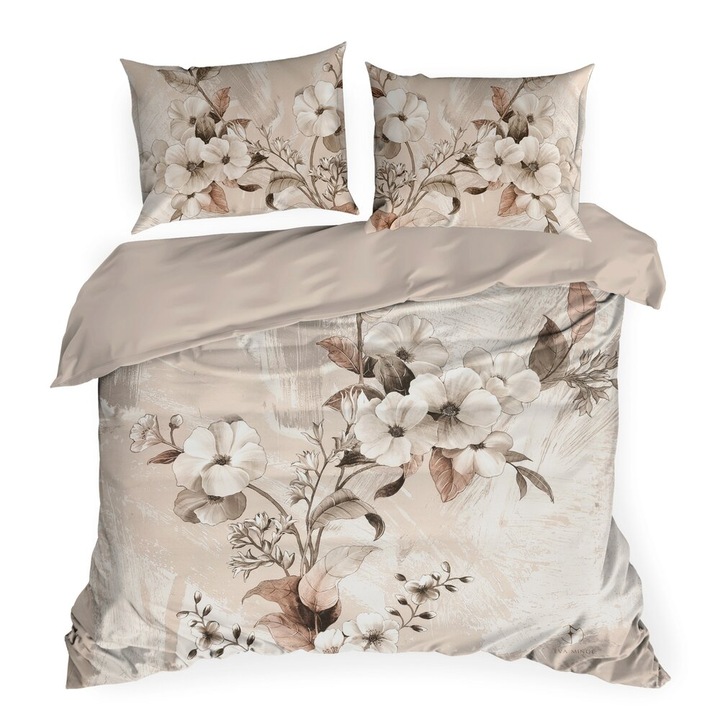 Set lenjerie de pat 160x200 cm, Eurofirany, 100% makosatin, design floral, certificat OEKO-TEX, 3 piese