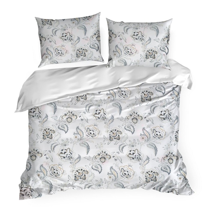 Set lenjerie de pat 3 piese, Eurofirany, satina bumbac, alb, gri deschis, 160x200cm