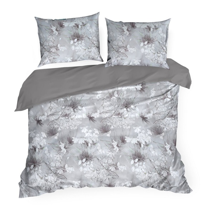 Set lenjerie de pat Eurofirany, 160x200 cm, 3 piese, makosatin, motiv floral, gri deschis, alb