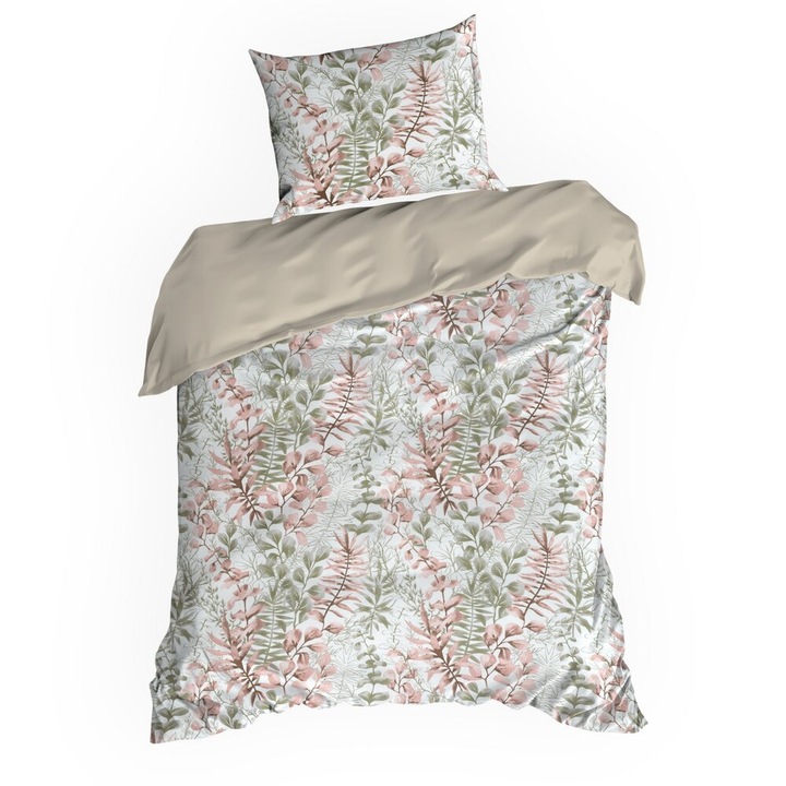 Lenjerie de pat Eurofirany, 140x200 cm, 2 piese, bumbac ranforce, motiv botanic, roz pudrat, alb