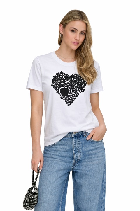 Tricou dama, Only, ONLNINA HEART S/S TEE, alb