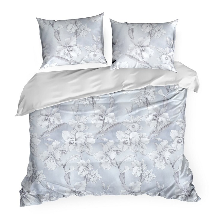 Set lenjerie de pat Eurofirany, 160x200 cm, 3 piese, bumbac makosatin, motiv floral, albastru deschis, alb