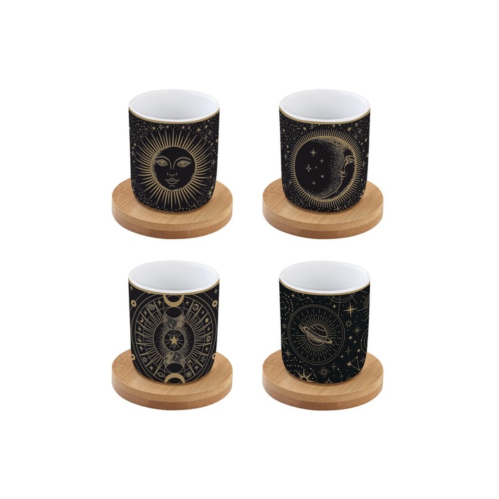 Set 4 cesti cu farfurii, Easy Life, Celestial, portelan, negru, 110ml