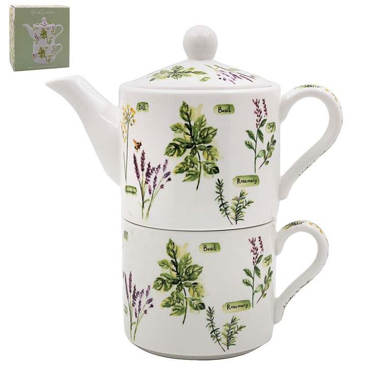 Cească Tea for One - Herb Garden, portelan, multicolor, 15.7x8.8x16.7cm, 350ml/250ml