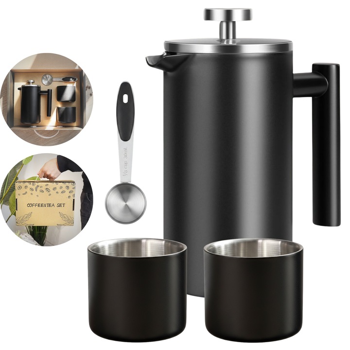 BEHOSHARE Set Ca dou Premium - Cafetiera French Press din Otel Inoxidabil 304 - 350ml Izolatie cu Perete Dublu - Negru Mat - Include 2 Cani Izolate de 150ml si Lingura de Masurare de 30ml