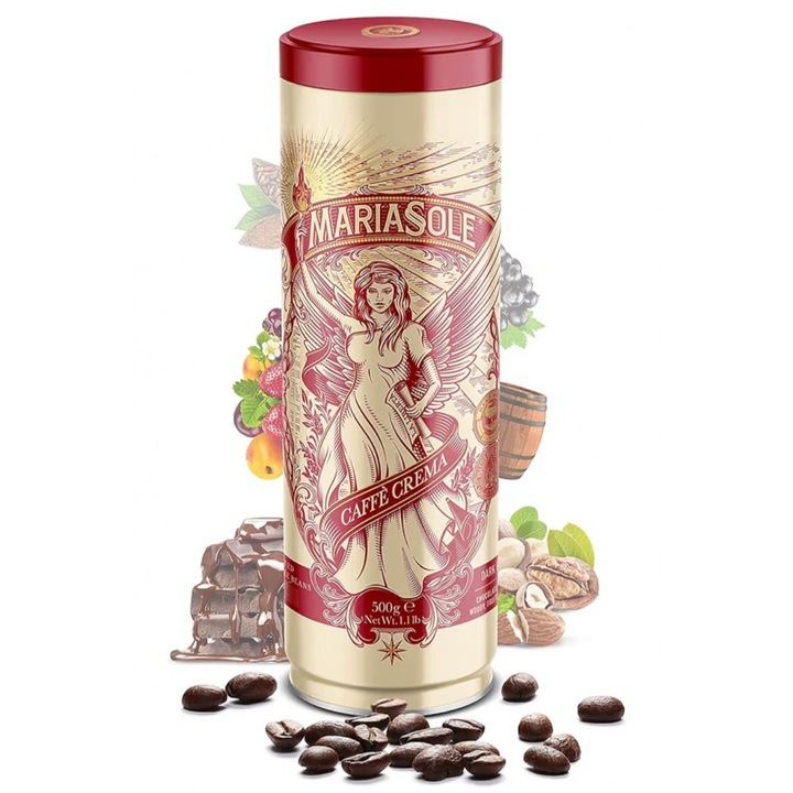 Cafea boabe MariaSole Caffe Crema 500 g, cutie metalica, prajire traditionala, pentru espresso