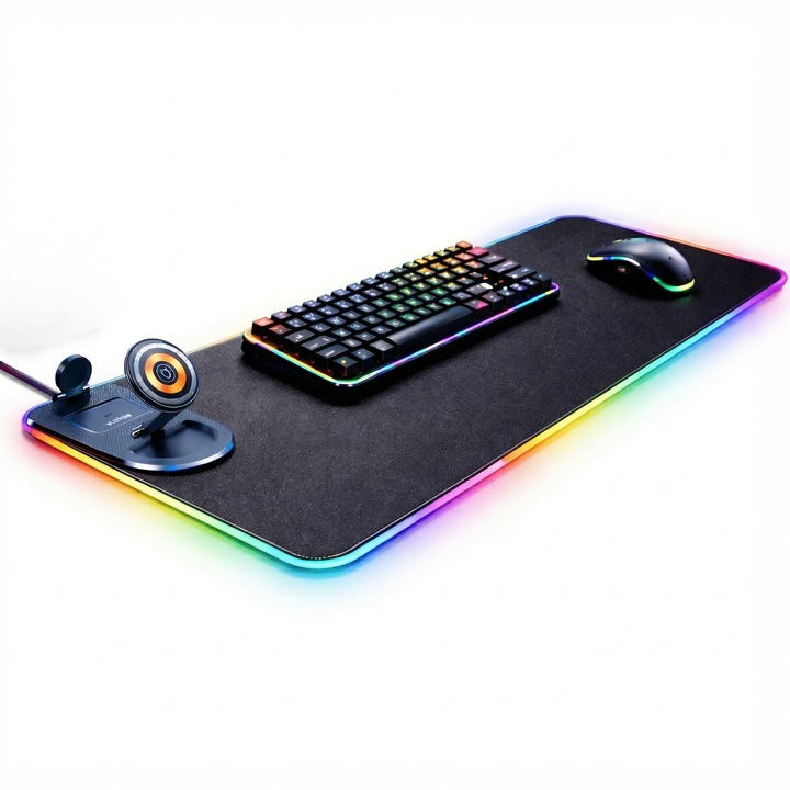 Mousepad Gaming RGB Leblou cu Statie Incarcare Wireless 3-in-1 (Telefon, Casti, Ceas), 15W, XXL 800x300 mm, Suprafata Textila Waterproof, USB-C, 15 Moduri RGB