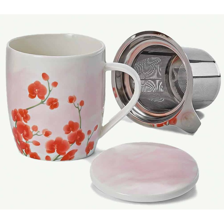 Cana cu sita si capac Kirchner, ceramica, orhidee, 320 ml, set