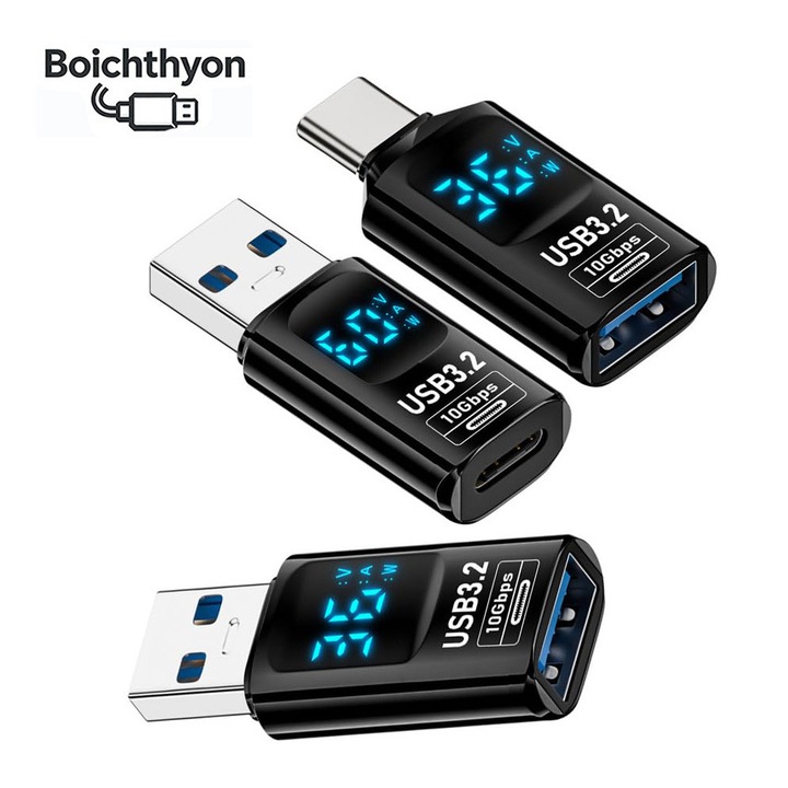 USB-C – USB 3.2 Type-A Boichthyon® adapter, 10Gbps, LED áram/feszültség kijelző, Gyors töltés, 3 db-os csomag, Kompatibilis laptop, telefon