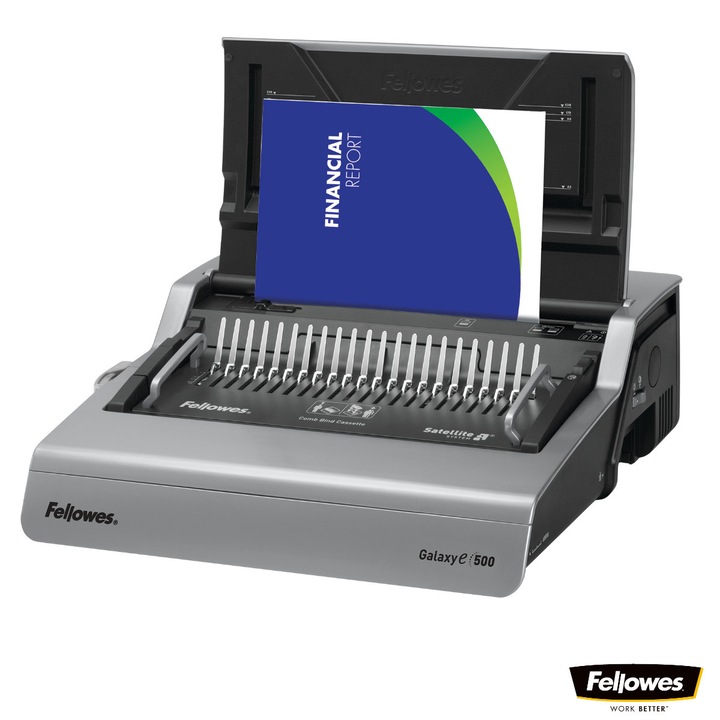 Aparat indosariat electric, Fellowes Galaxy-E 500, cu inele din plastic, diametru maxim spirala 50 mm, capacitate indosariere 500 foi, perforare 28 coli, pentru birou si arhivare intensiva