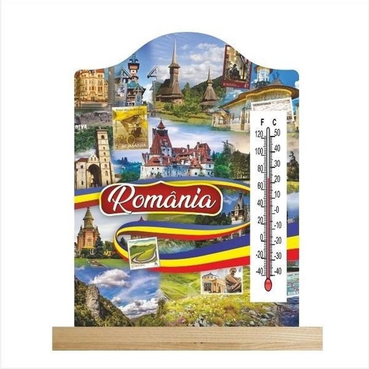 Románia Hőmérő Dekoráció, Inedit Print, 15x10cm, fából