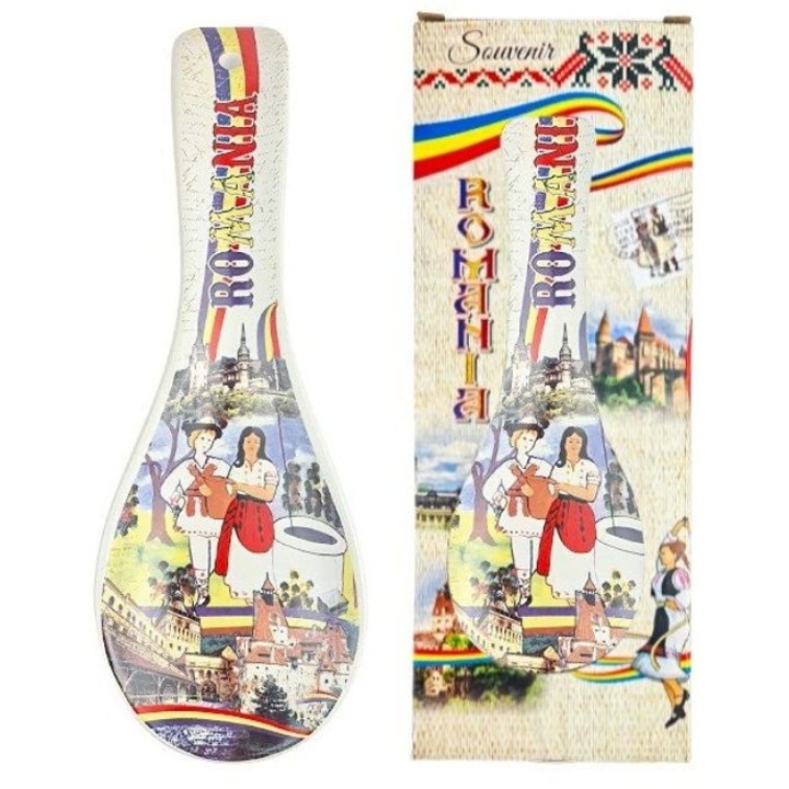 Inedit Print kerámia kanáltartó, román motívumokkal díszítve, tricolor, 26x9cm