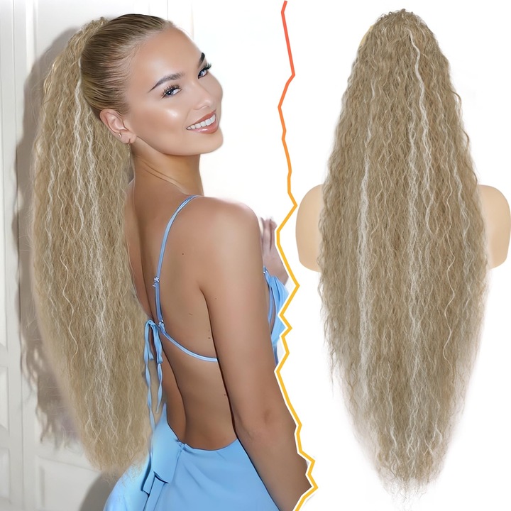 Perucă ondulată Barsdar, 76 cm, extensie cu snur și clips, blond cu suvite