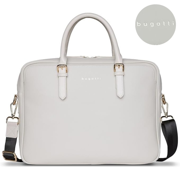 Geanta business Bugatti Ella, compartiment laptop 15”, piele ecologica aspect Saffiano, organizare inteligenta, bareta reglabila, alb murdar, 496626