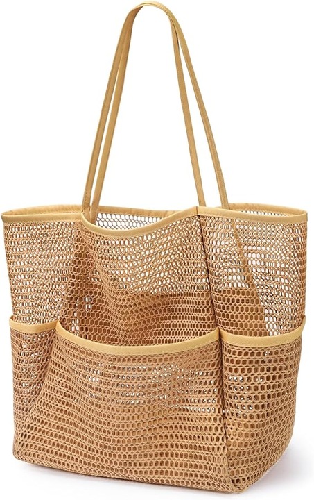 Geanta de plaja cu buzunar mic, geanta tote pentru plaja pentru femei, geanta mare de voiaj pliabila din plasa pentru piscina - rezistenta la nisip 43x35cm bej