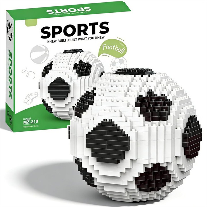 Set de blocuri de constructie pentru model de fotbal, Chelfonds®, 735 de blocuri, jucarie educationala STEM, alb-negru, 9,5 cm