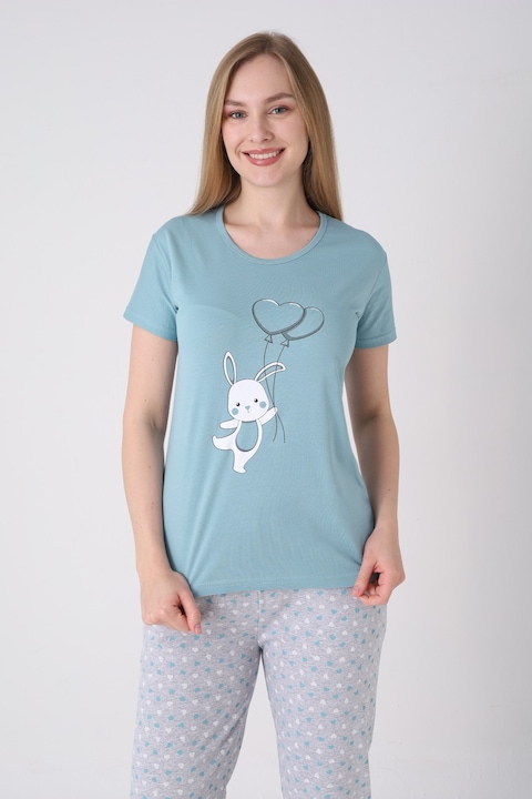 Pijamale dama Toski, set 2 piese, tricou verde cu imprimeu iepuraș, pantaloni 3/4, mărime L