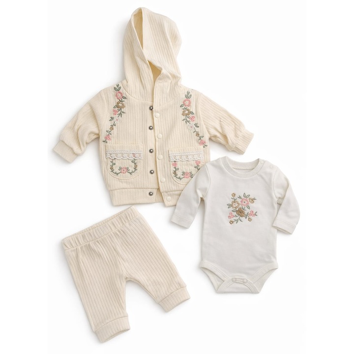 Compleu bumbac 3 piese crem, Crem