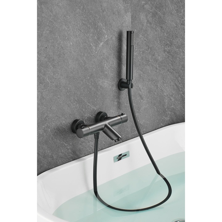 Baterie cada/dus WEBO Oliver set complet, mat negru, 20cm, Rvs 304, doua-knop