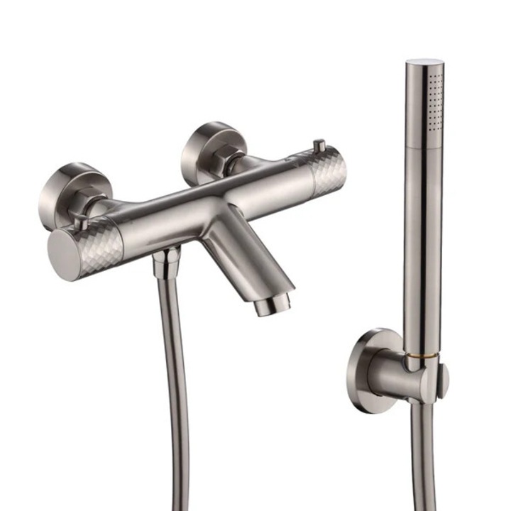 Baterie de baie montata pe perete WEBO Oliver, set complet, din otel inoxidabil, doua butoane, 20cm
