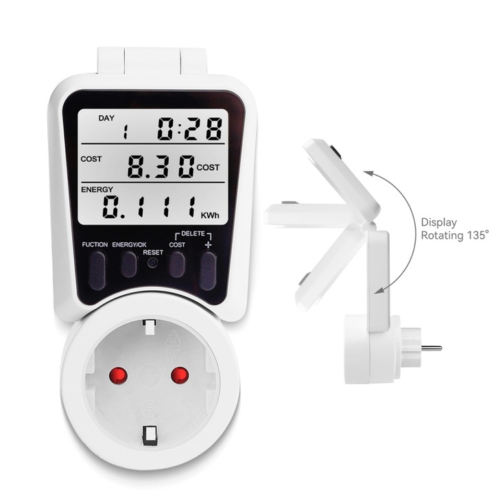 Priza inteligentă Sinotimer cu contor energie LCD, monitorizare consum și cost în timp real, 230V, 16A