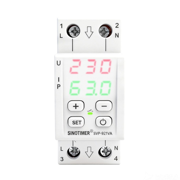 Protector tensiune monofazic, Sinotimer SVP-921VA, 230V, 63A, montabil pe sina DIN, display LED