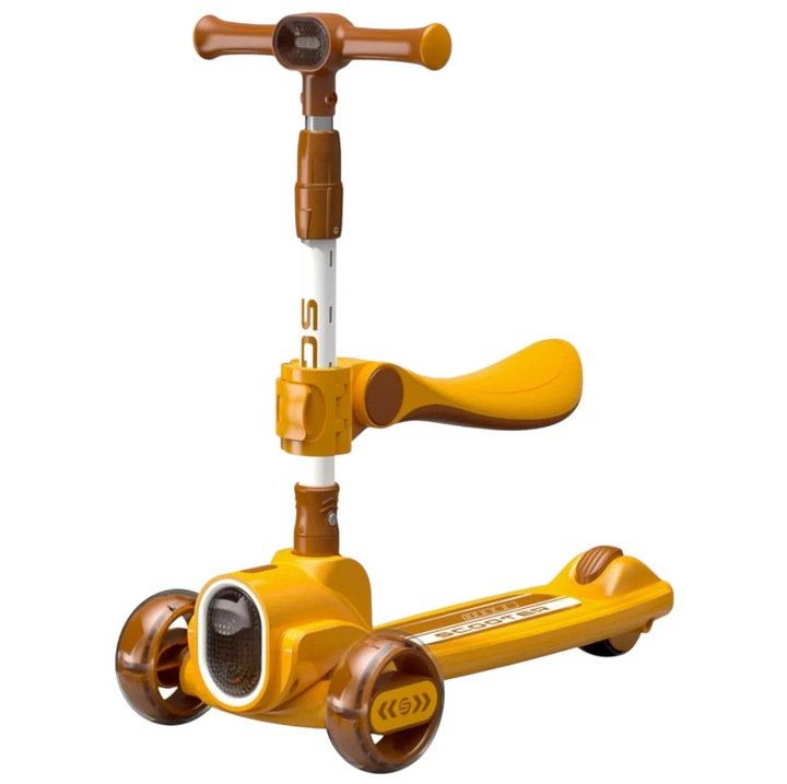 Trotineta 2022 galben, cu scaun, 3 roti LED, muzica, pliabila, reglabila, 3-12 ani