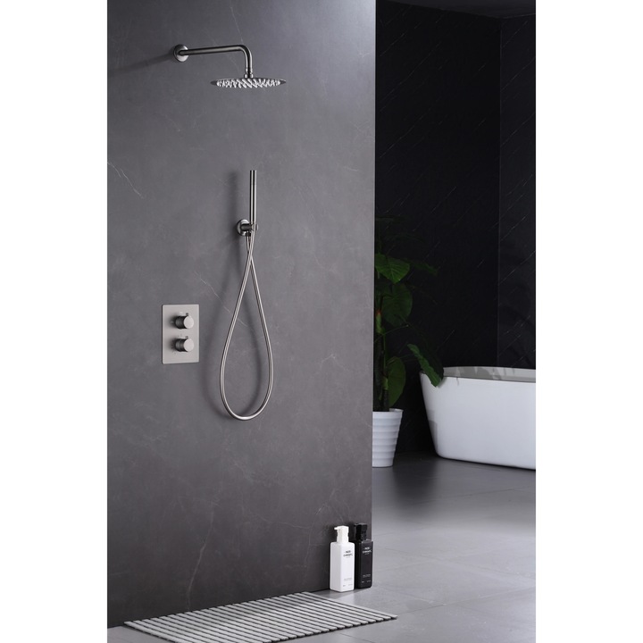 Coloana de dus incorporata, Webo, Atlanta, finisaj Brushed, set complet cu dus de mana, culoare gun metal