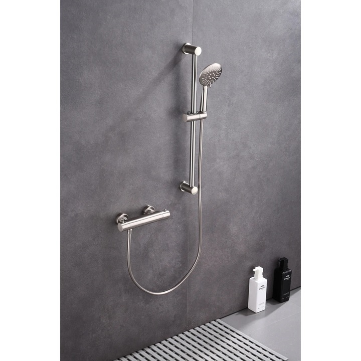 Set de dus Eva, Webo Sanitair, mixer termostatic cu bara glisanta 60 cm, otel inoxidabil