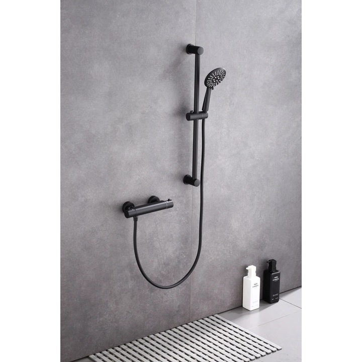 Set de dus Webo, mixer termostatic cu bara glisanta 60 cm, negru mat