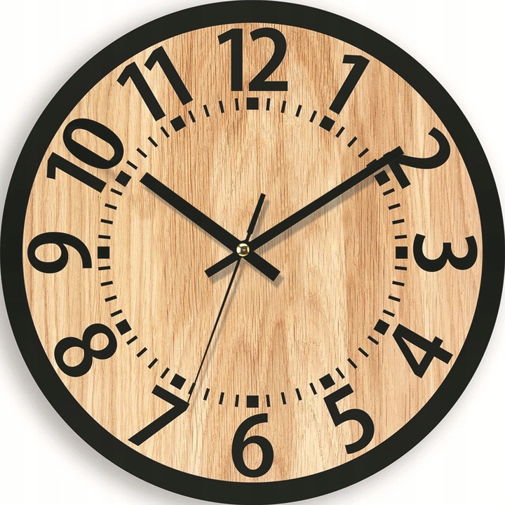 Ceas de perete din lemn de stejar 34 cm, mecanism silentios, detalii negre, Wood Looking