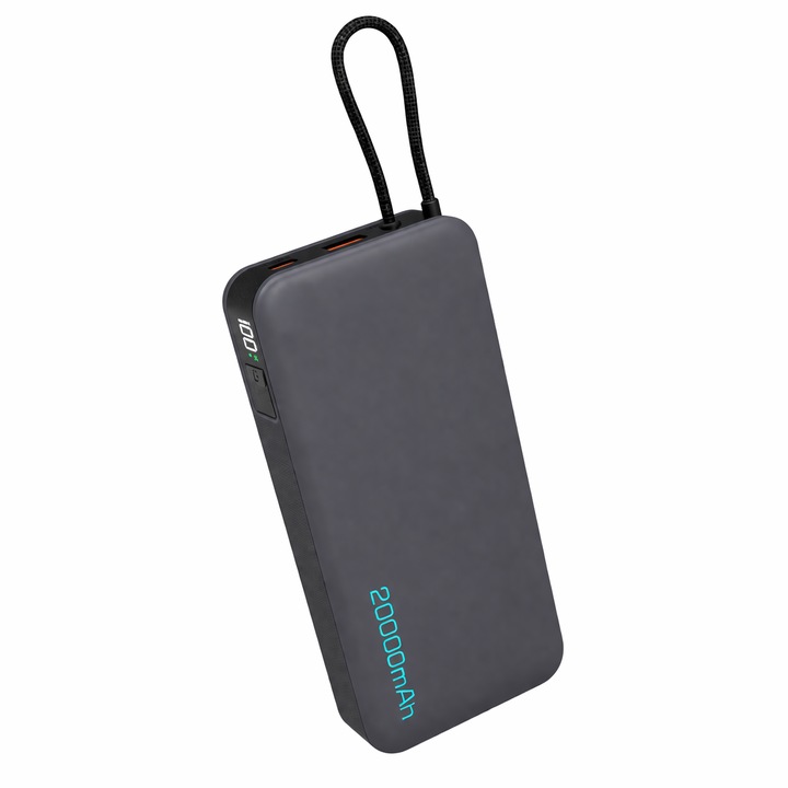 Baterie Externa Portabila EVONTECH ®, 20000mAh, Fast Charge 22.5W, USB-C Integrat, 3 Porturi, Display LED, Incarcare Rapida, Gri