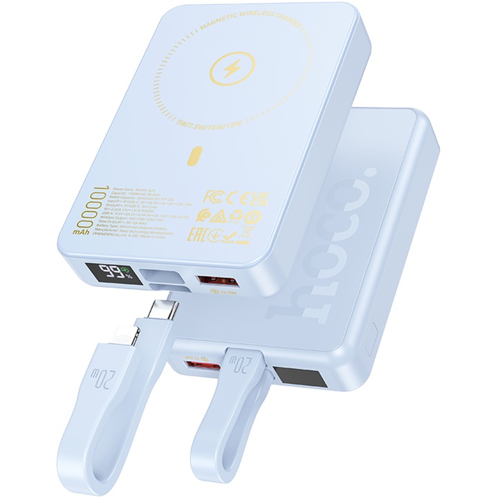 Power Bank Wireless Hoco Q24 10000mAh, Incarcare Rapida 20W/22.5W, Magnetic, Albastru, Compact