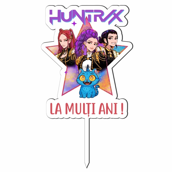 Topper tort Huntrix K-Pop Demon Hunters – 1 buc, Lemn/MDF, Print UV colorat, Reutilizabil, Decor tort aniversar copii