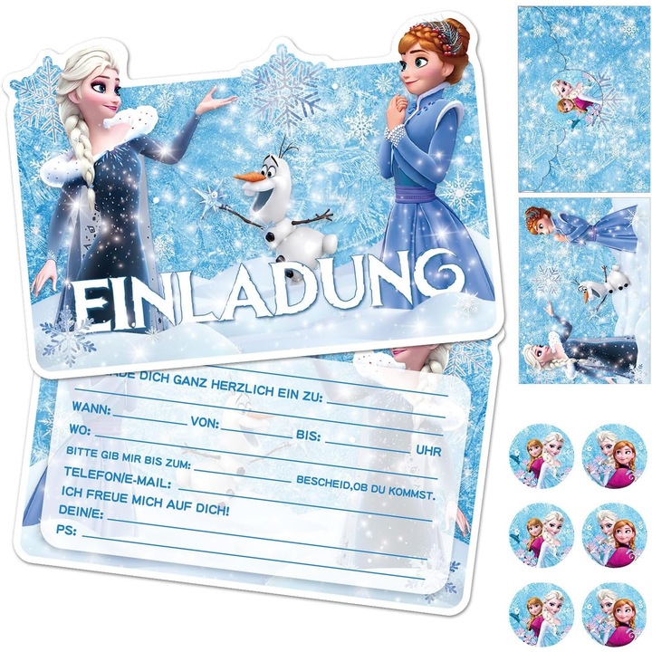 Set 12 invitatii zi de nastere copii YeahBoom, cu plicuri si stickere, model Frozen, in limba germana, culoare albastru