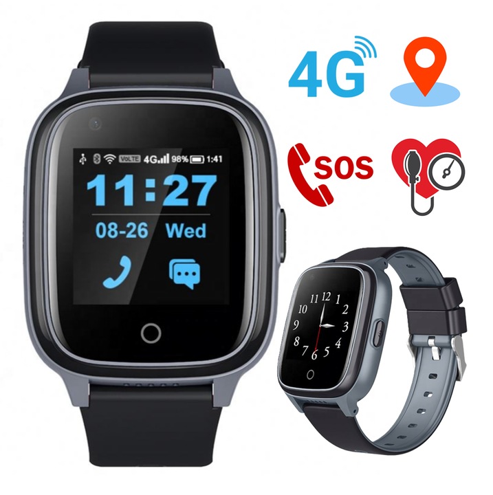 Smartwatch pentru Seniori/Adulti cu Cartela SIM ZENARK® G4 Elder PRO, 4G, GPS, Apel video, Chat vocal, Camera HD, Wi-Fi, Rezistent la apa IP67, Contact urgente SOS, Poze spion, Monitorizare discreta, Setare perimetru sigur, Android/IOS, Negru