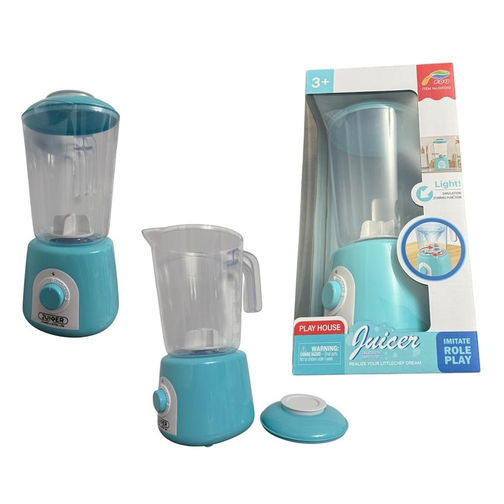 Blender de Jucărie Muzical pentru Copii, Turcoaz, Funcție de Amestecare, Efect de Lumină, 28, 5x14, 5x13, 5cm