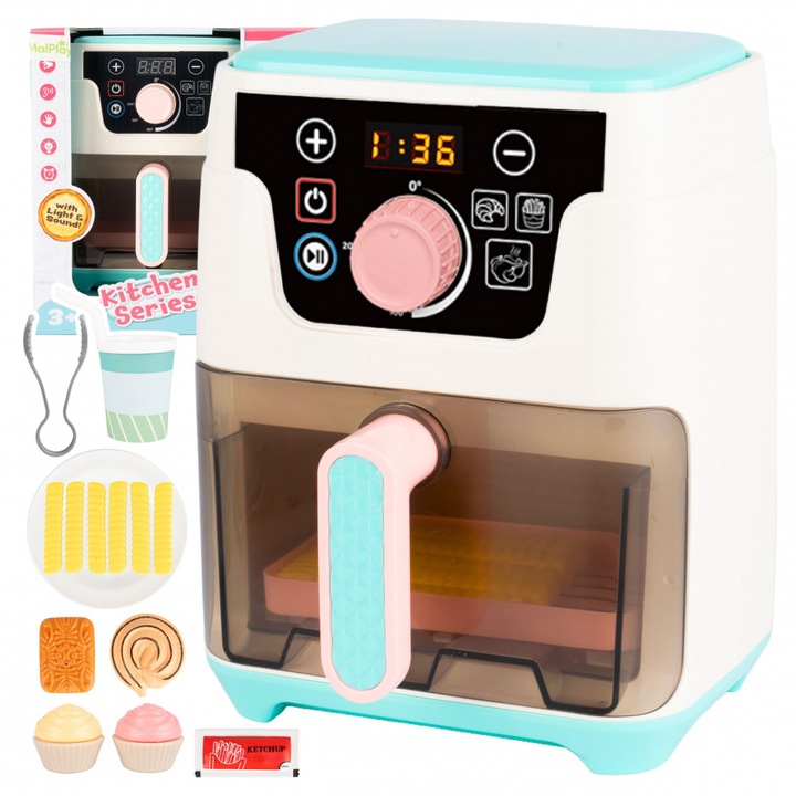Aparat de gătit pentru copii, MalPlay, Mini Air Fryer, sunete și lumini, menta/rosu, 23.7x17.3x23cm