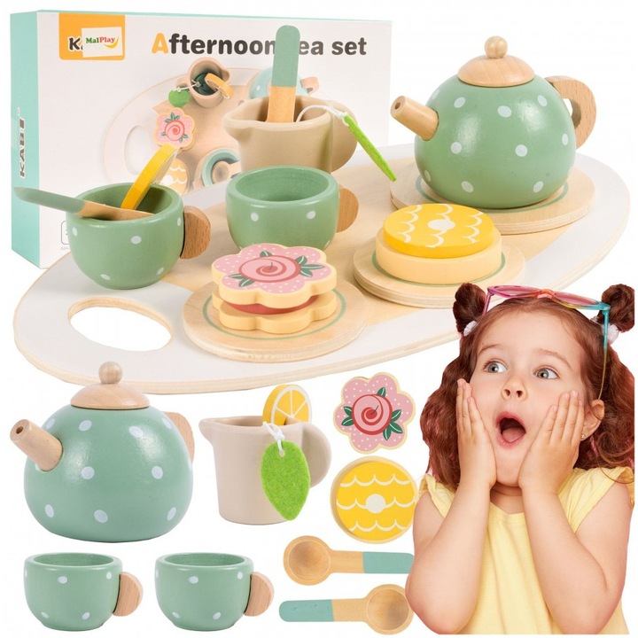 Set serviciu de ceai pentru copii MalPlay, lemn, 15 accesorii incluse, multicolor, 30x18x8cm