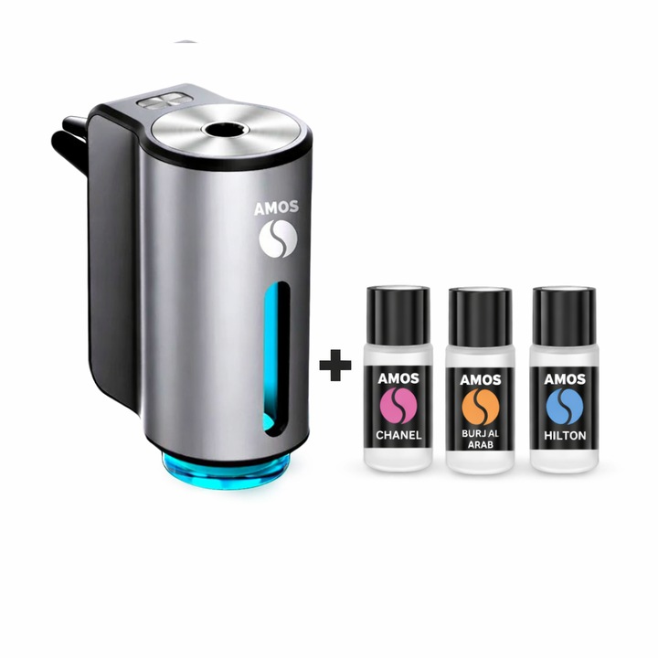 Difuzor Parfum Auto AMOS Mini Gri, 3 Arome Incluse, USB, Design Premium