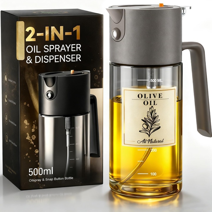 Pulverizator Ulei si Otet Leccik®, Dozator 3-in-1 cu Functie de Spray, Jet si Turnare, Capacitate 500ml, Sticla Borosilicata Premium, Design Anti-Scurgere, Fara BPA, Ideal pentru Air Fryer si Gratar